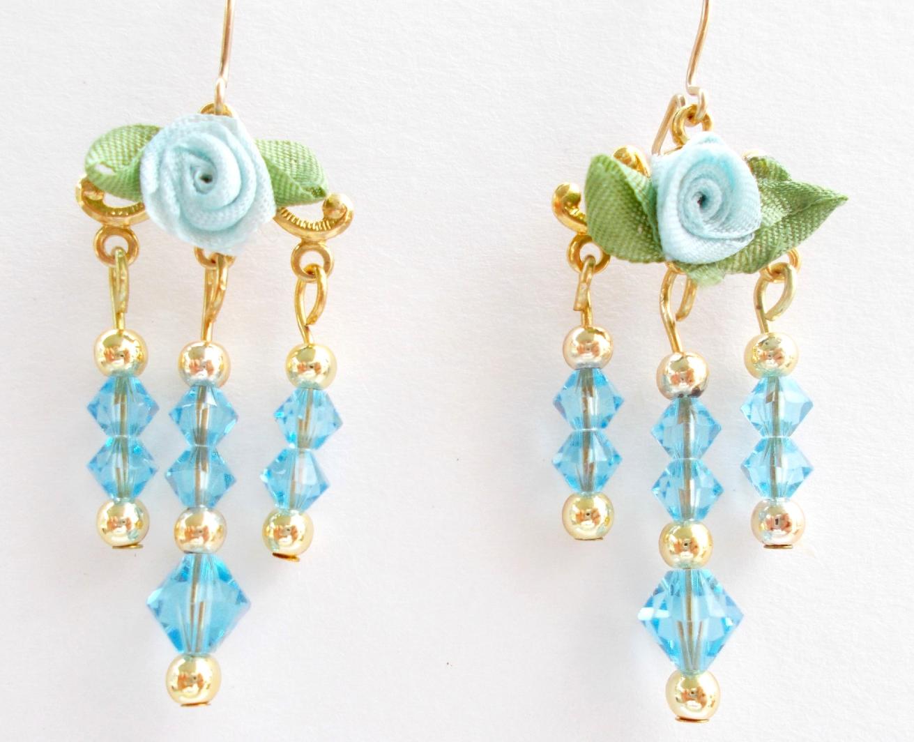 Light Blue Austrian Crystal Dangle Earrings with Ribbon Roses