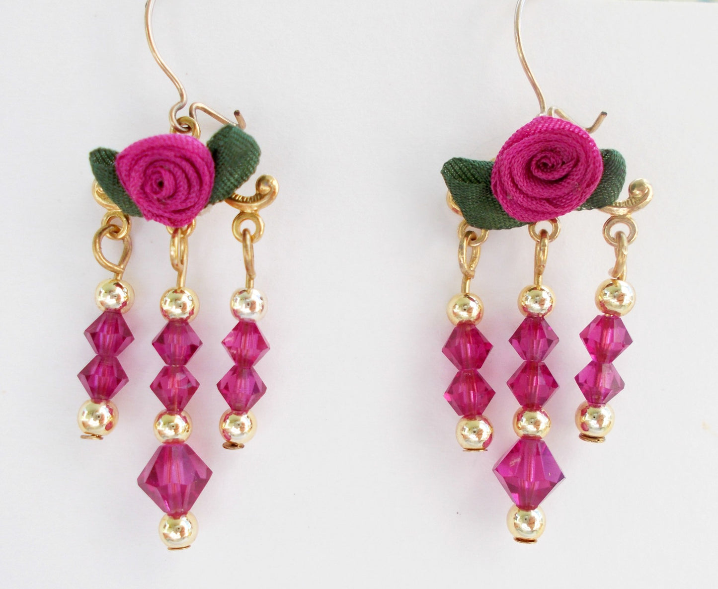 Fuchsia Pink Austrian Crystal Dangle Earrings with Hand Made Ribbon Roses