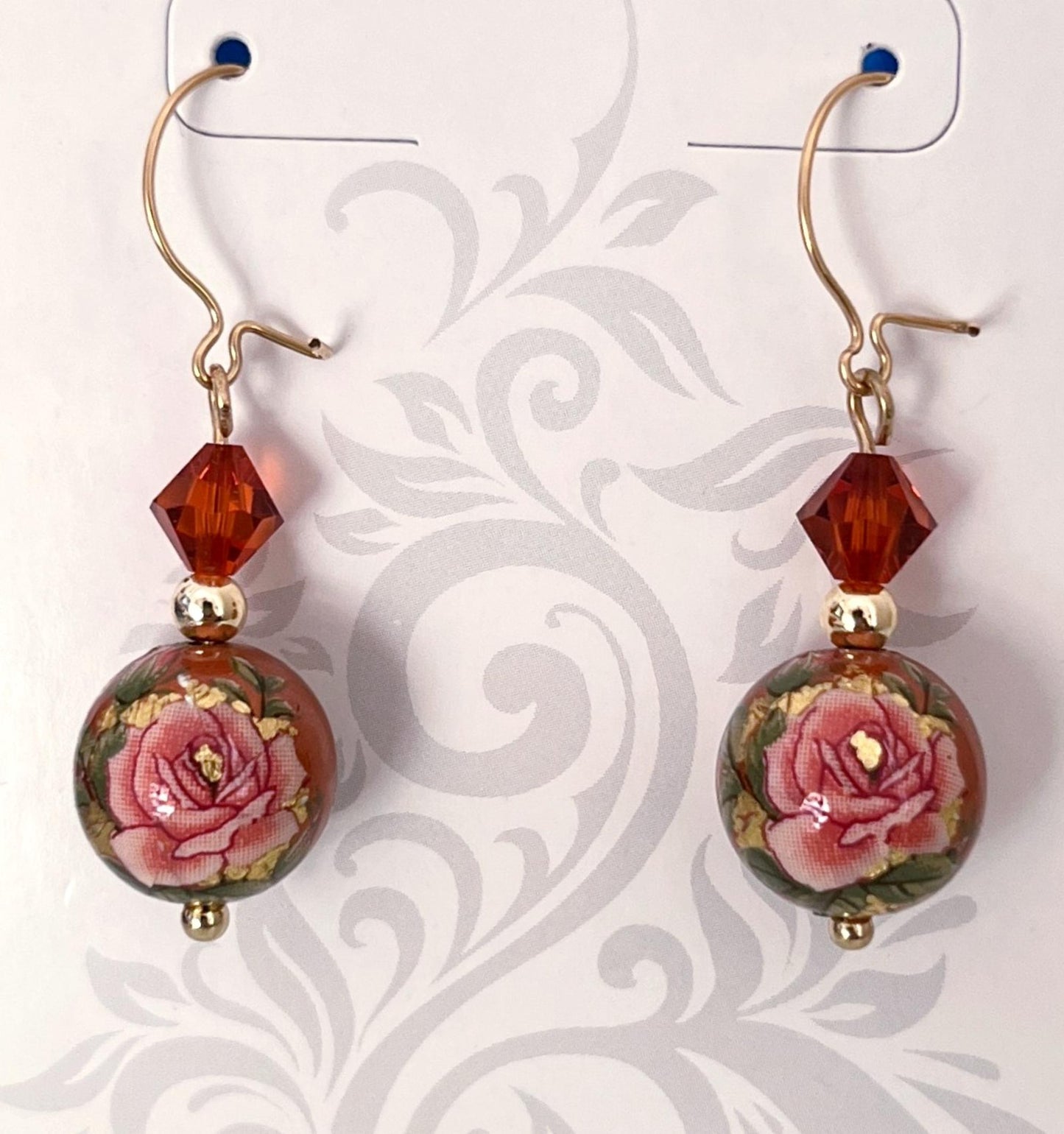 Hand Made Japanese Tensha Beads Pink Roses on Burnt Orange with 14ktgf and Crystal