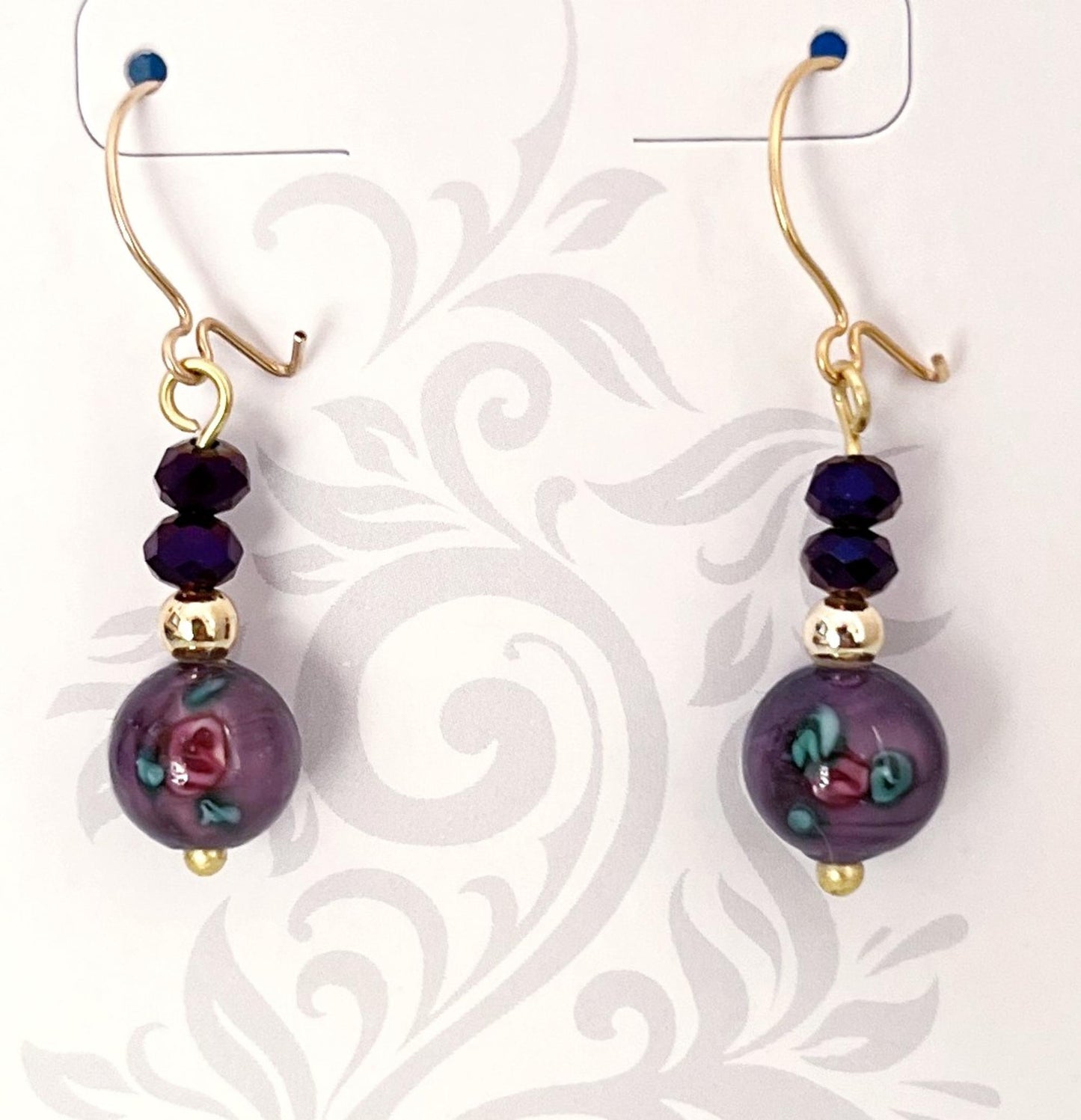 Purple Czech Paperweight Lamp Work Glass Bead Earrings with 14kt Gold Filled Ear Wires 19x8mm