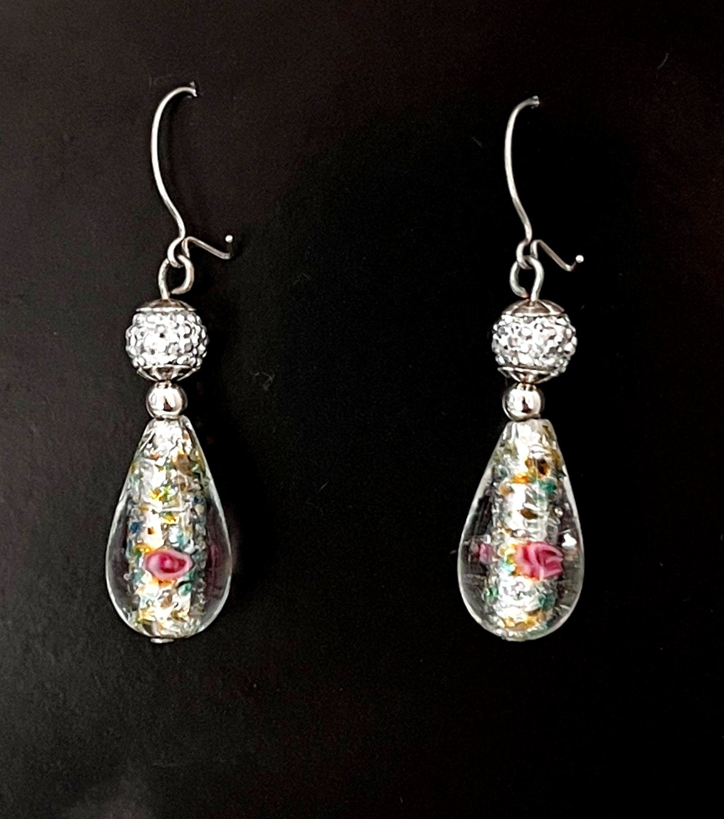 Czech Foil Hand Made Lamp Work Paperweight Earrings with Sterling Silver Ear Wires 28x10mm