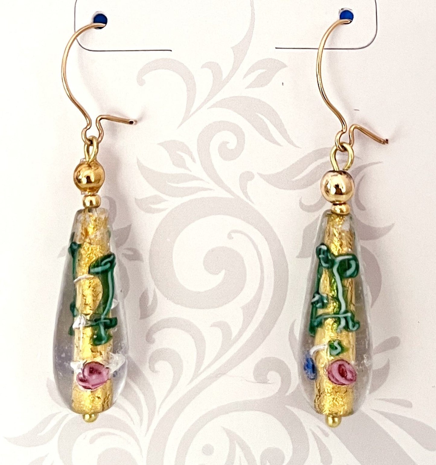 Czech Gold Leaf Foil Hand Made Lamp Work Paperweight Earrings with 14ktgf Ear Wires 30x9mm