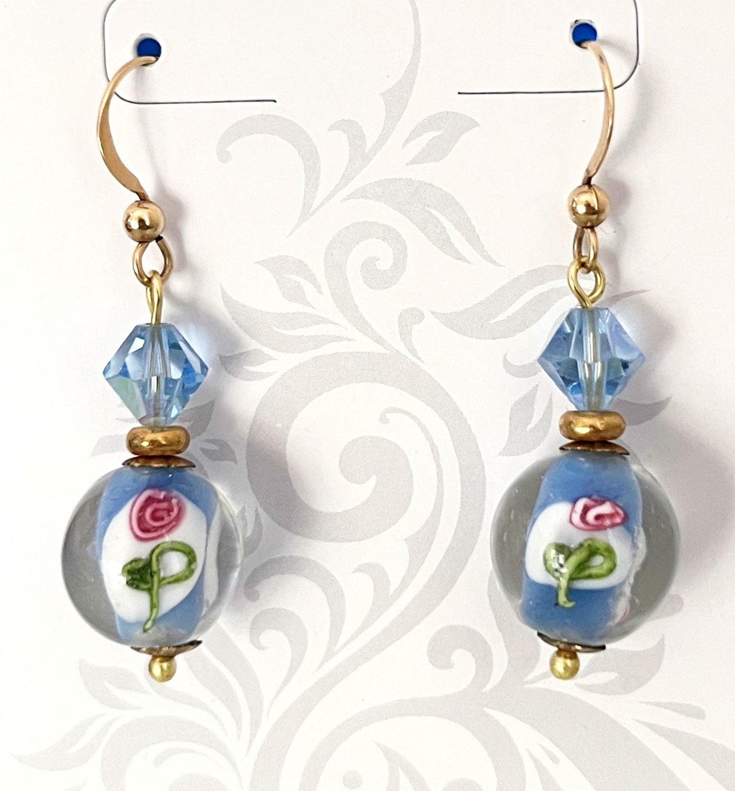 Blue and White Hand Made Lamp Work Rose Earrings with Crystal and Gold Tone Findings
