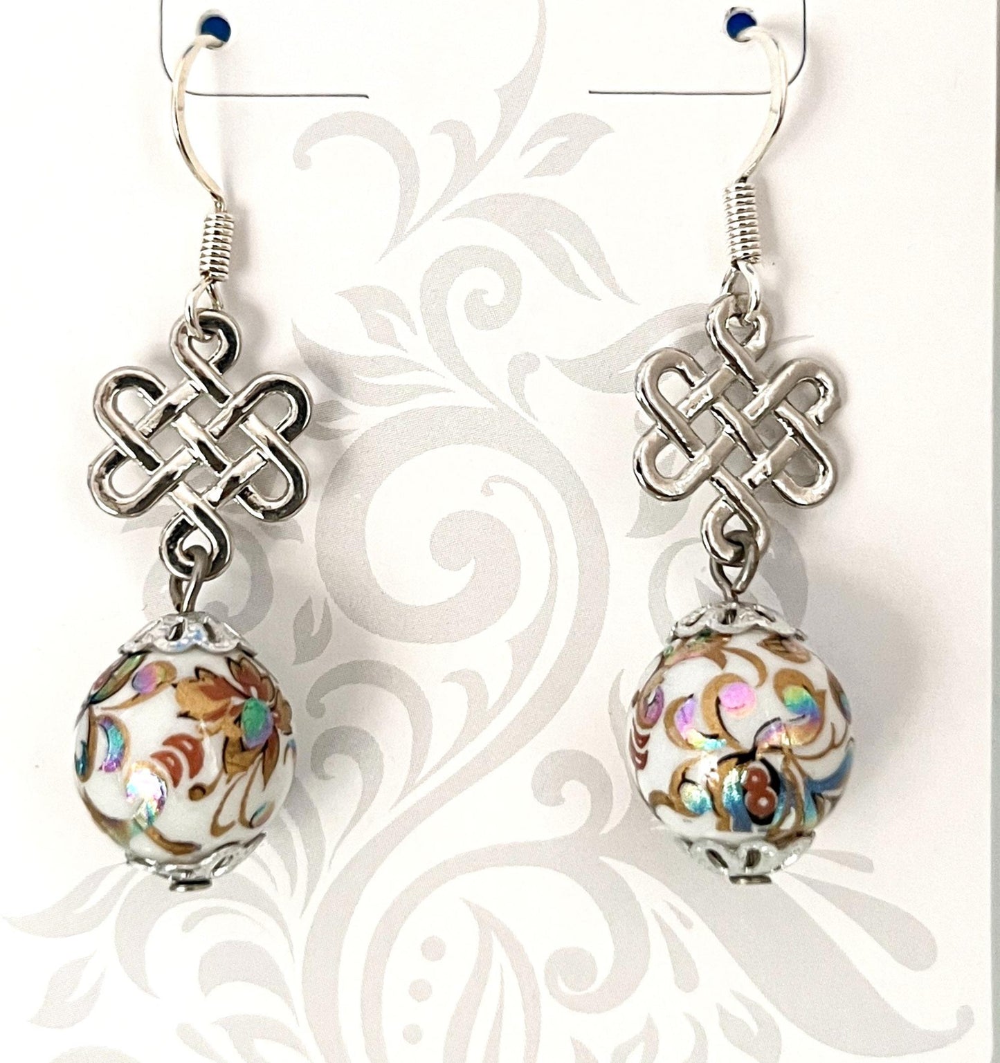 Hand Made Japanese Tensha Beads: Peacock on White with silver tone and Sterling Silver ear wires.