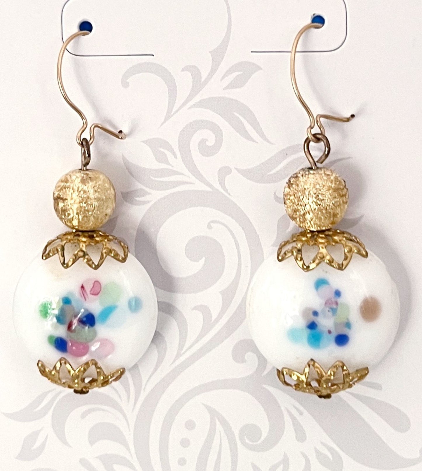 Vintage Japanese Flower Lamp Work Glass Beads with Gold Tone accents and 14ktgf