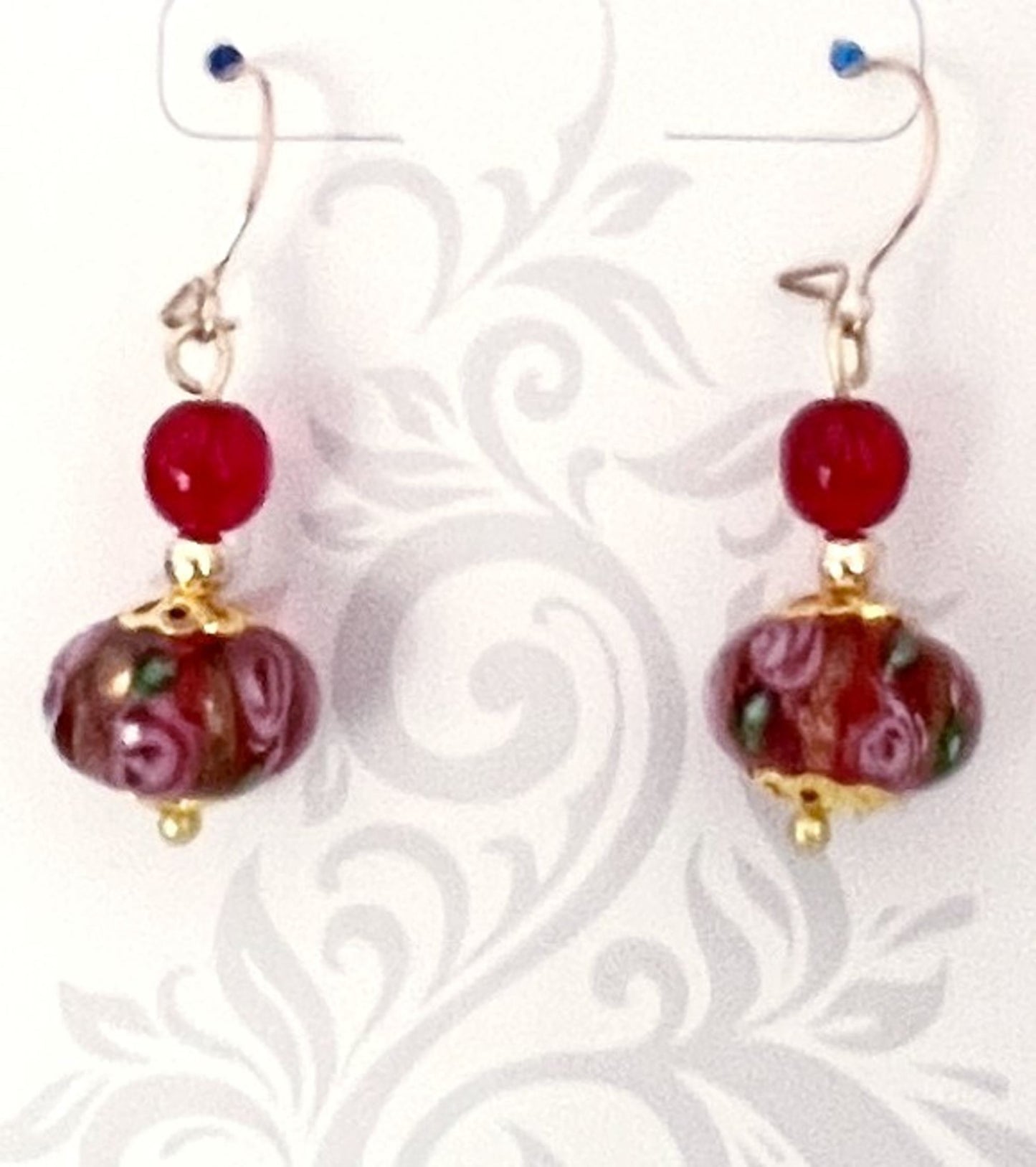 Hand Made Ruby Red Lamp Work Paperweight glass beads with gold tone accents & 14ktgf ear wires.