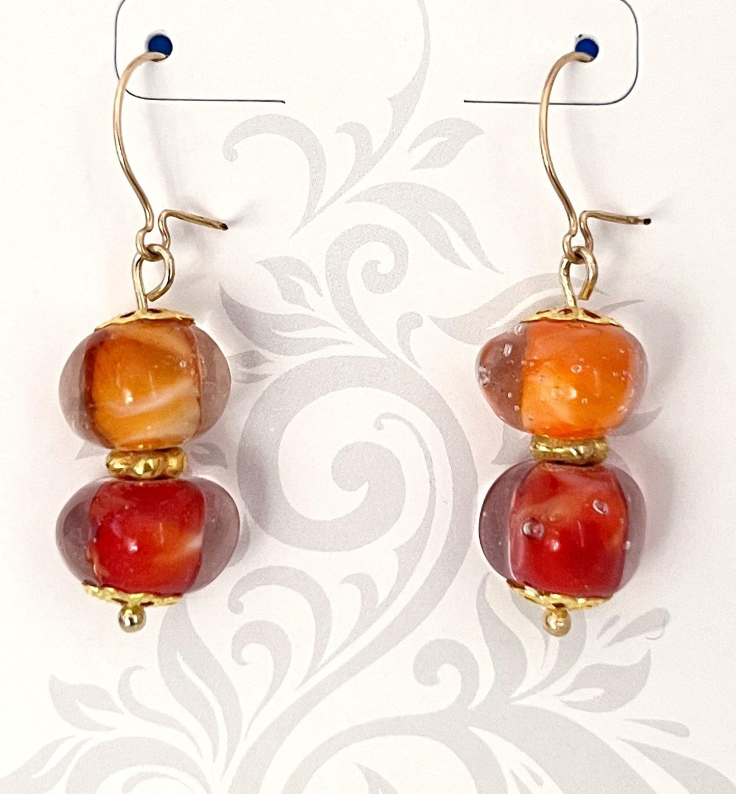 Hand Made Red & Orange Lamp Work Glass Bead Earrings with 14ktgf ear wires & gold accents