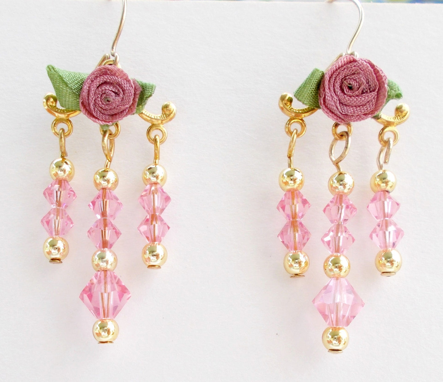 Lovely Pink Austrian Crystal Dangle Earrings with Ribbon Roses