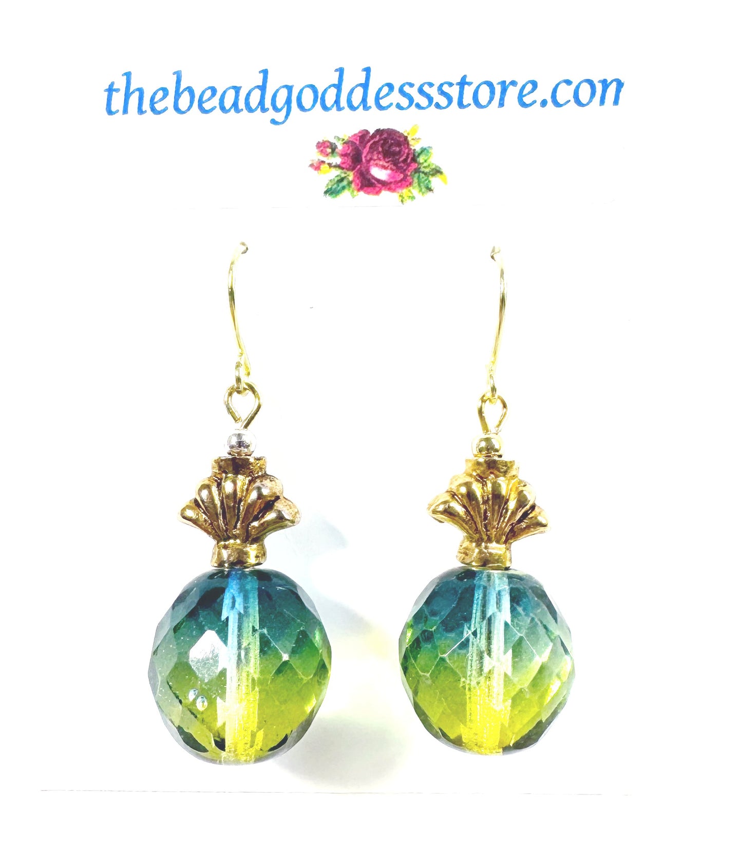 Marine Blue & Grass Green Czech Firepolish Bead Earrings