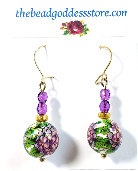 Japanese Tensha Bead Earrings; Purple & Blue Hydrangea with Gold