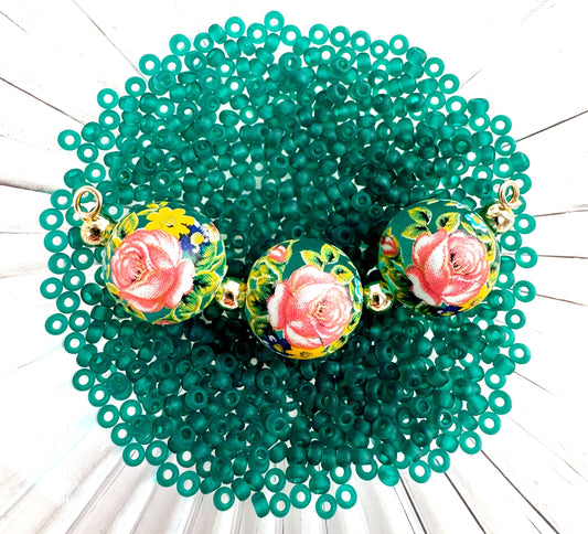 NEW 3 JAPANESE TENSHA Beads Pink Roses on Frosted Aqua 12mm with Free Matching Gold and Seed Beads