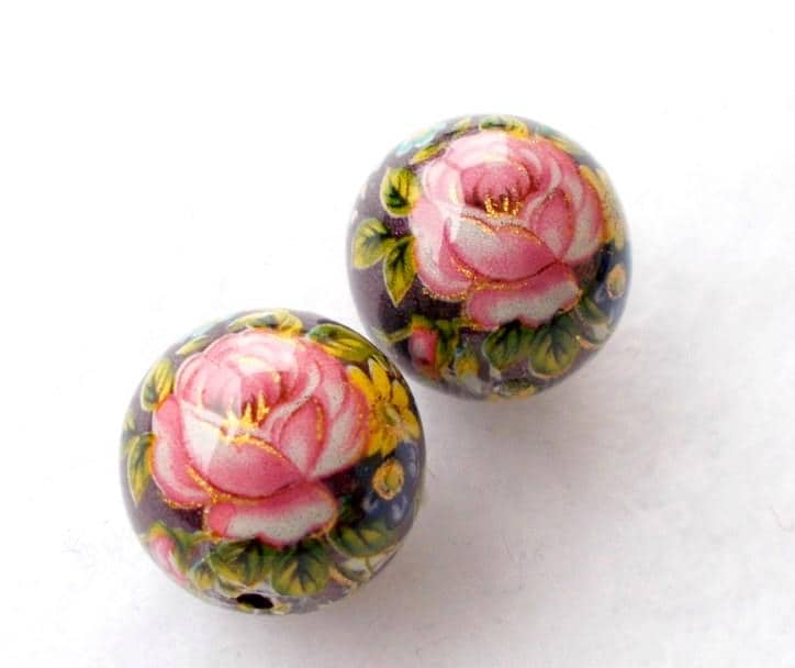 NEW 3 JAPANESE TENSHA Beads Pink Roses on Deep Purple 12mm with Free Matching Gold and Seed Beads